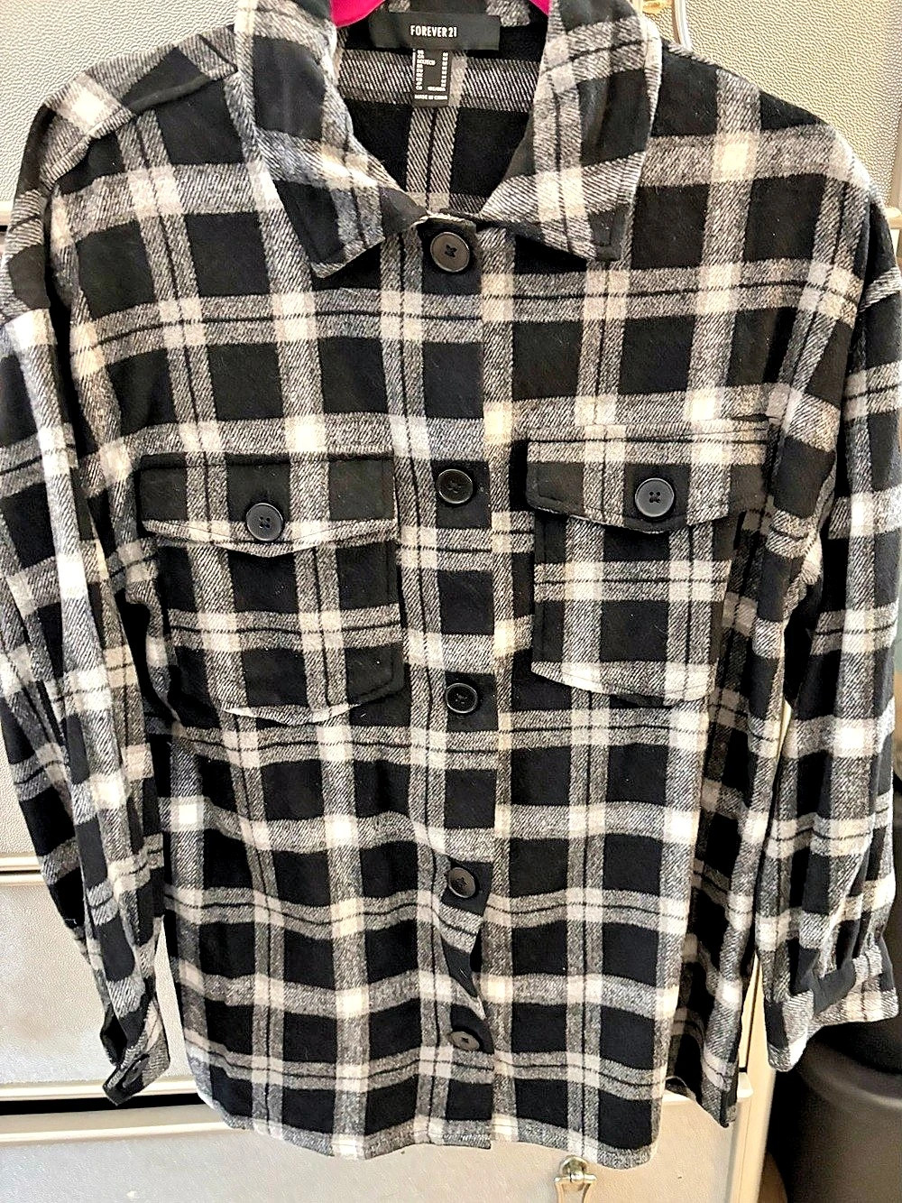 Forever 21 Plaid Utility Jacket Black & White Medium